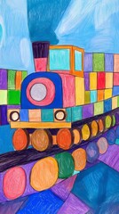 Child's drawing of a colorful train with square carriages