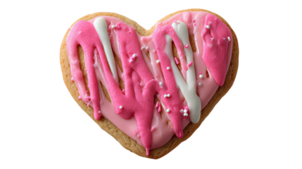 Pink and white frosted heart shaped cookie for valentines day with sprinkles on see through background great for bakery website design needs