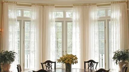 Several tall, sheer white window draperies soften the light entering a formal interior space