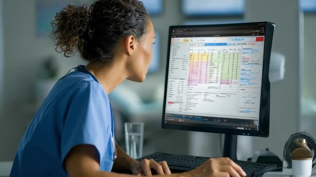 Medium shot of a healthcare worker reviewing adaptive scheduling software on a desktop highlighting predictive analytics improving patient workflow.