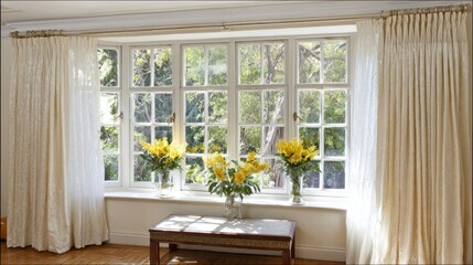 Cream colored draperies frame a large window overlooking lush green foliage