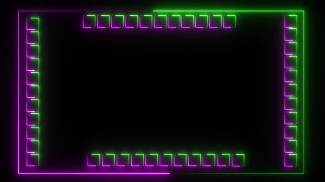 Neon line glowing frame and lines on black background. Glowing neon frame background animation, loop, seamless. Glowing neon line animation video. Green and pink color icon..
