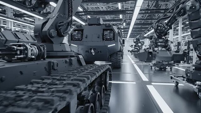 Armored vehicles being assembled on an automated production line within a modern factory setting.