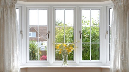 Bright interior view shows a white bay window overlooking a verdant garden scene