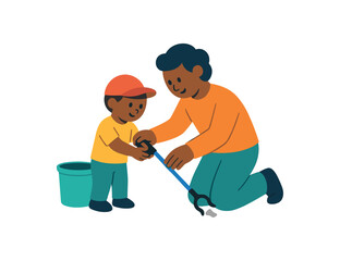 Obraz premium Flat vector illustration of colorful parent teaching child to use litter grabber safely