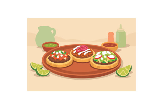 Flat vector illustration of Mexican food sopes platter with toppings as layered flat shapes and lime wedges style clean 2D shapes no outlines minimal details matte colors layered depth