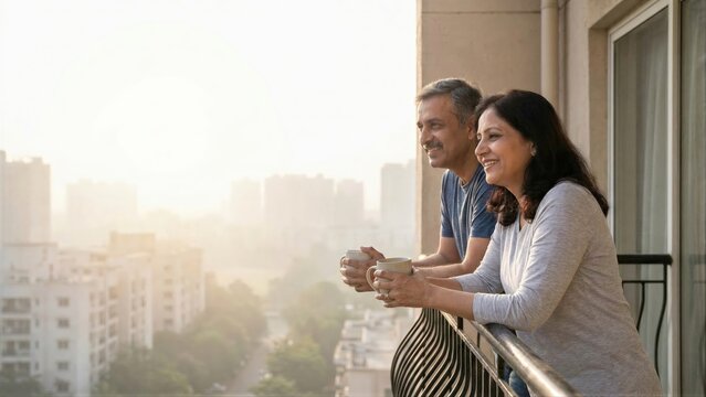 Senior man and woman couple smiling and holding coffee cups on a balcony with city view. Lifestyle, relationship and happy couple concept