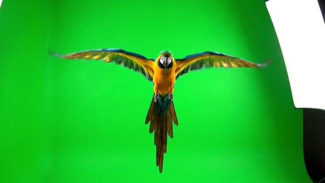 Vibrant blue and gold macaw parrot captured in graceful flight, showcasing impressive wingspan on green screen