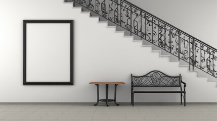 Interior space features a blank vertical frame mounted beside an elegant staircase with wrought iron railing
