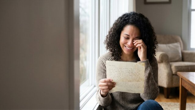African American woman crying happy tears while reading a heartfelt letter near a window. Emotional moment of joy and love for Valentines Day