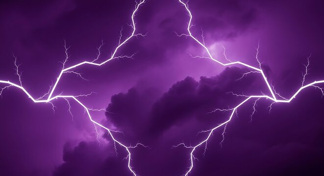 Dramatic purple sky illuminated by powerful lightning strikes during a stormy night, showcasing nature's raw energy and the awe-inspiring beauty of a thunderstorm