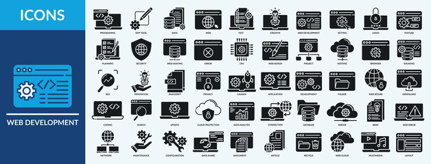 Web development - Icon Collection. Thin Glyph Solid Set contains such Icons as programing, web hosting, seo and more. Simple web icons set