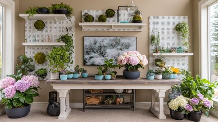 Numerous potted plants decorate an interior space with shelving and a central work table