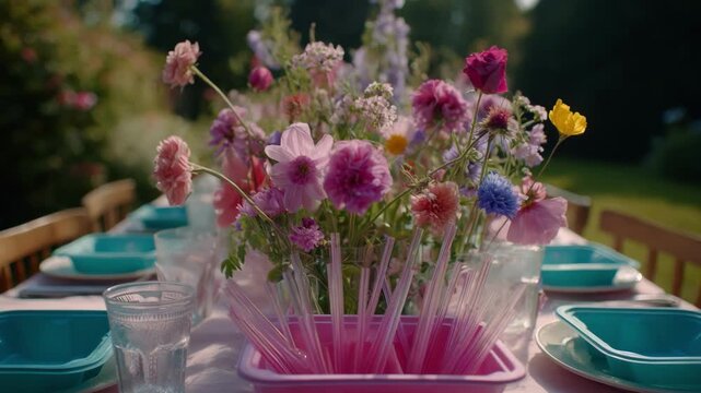 Medium shot of compostable straws and food containers neatly set up in a vibrant garden party scene promoting environmentally responsible festivities.