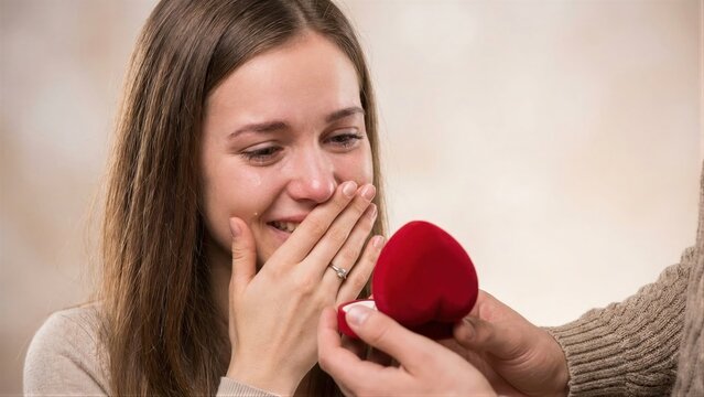 Caucasian woman crying happy tears, accepting marriage proposal from man with engagement ring in red heart box. Valentines Day