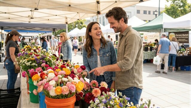 Couple laughing and buying flowers at a vibrant farmers market. Man and woman enjoying fresh produce. Local shopping and happy lifestyle concept for Valentines day