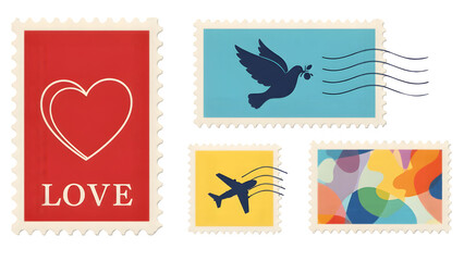 Naklejka premium Vintage Postage Stamp Collage with Hearts and Doves Isolated on Transparent Background PNG 