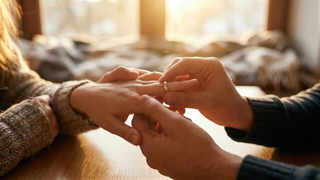 Man proposing to woman with engagement ring. Romantic moment for couple in love. Marriage proposal concept for Valentines Day