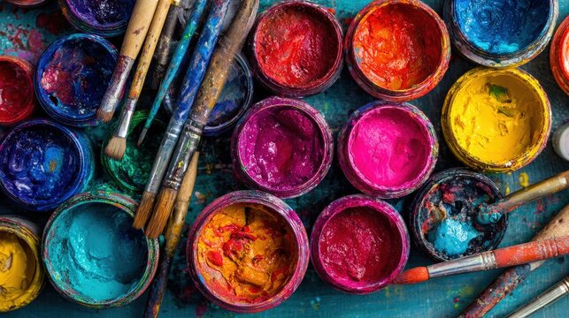 Vibrant paint splash art workshop creative studio visual art artistic environment close-up view.