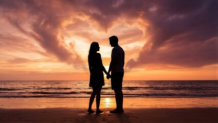 Naklejka premium Silhouetted woman and man holding hands on beach at sunset with heart shaped clouds. Romantic couple on vacation, love, and Valentines Day concept
