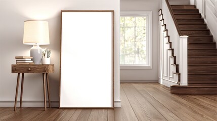 Vertical empty frame stands next to a side table with a lamp in a bright hallway near wooden stairs