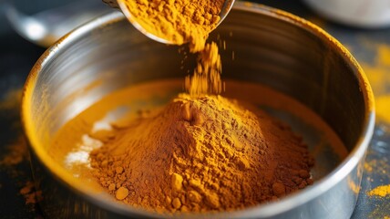 Close-up tabletop view of turmeric powder spice.