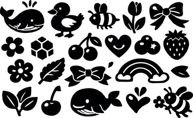 Fototapeta premium Flat design cute silhouette icon set with whale duck bee cherries flowers bows rainbow and leaves in black vector art