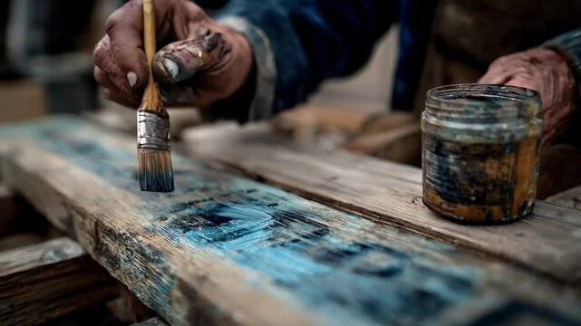 Medium shot focused on a painter applying fresh paint to a wooden business sign capturing details of brush strokes and color restoration.