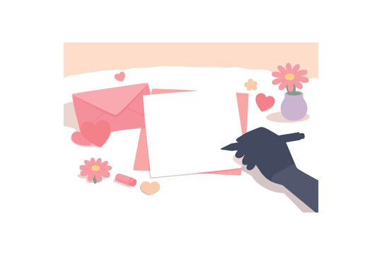 Flat vector illustration of Mother Day thank you note writing moment with pen silhouette blank paper shapes and an envelope no readable text style clean 2D shapes no outlines minimal