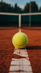 Light green tennis ball close-up on clay court surface.
