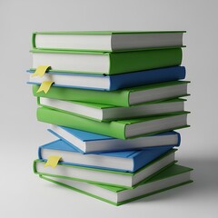 A stack of colorful books with yellow bookmarks on a plain background