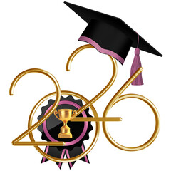 best class in the school ending school concept with a student hat and golden 2026 number over white (transparent) background