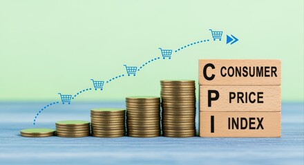Consumer Price Index Concept: Rising Inflation with Coins and CPI Blocks on Green Background