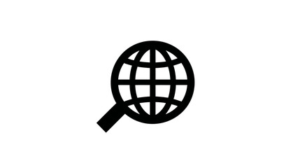 A black and white graphic depicting a globe with cross lines intersected by a magnifying glass