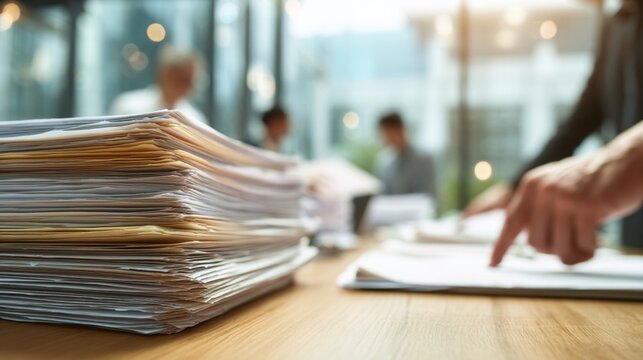 Stacked documents on wooden table with blurred colleagues discussing paperwork in modern office setting, large windows allowing natural light to illuminate the space