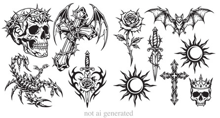 Gothic tattoo flash sheet featuring hand-drawn black and white illustrations of a human skull, ornamental cross, and sharp dagger. Dark aesthetic vector art with sharp linework, ideal for Y2K style ap © Polina