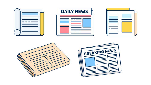 Set of newspaper icons in flat style, rolled and folded daily press with headlines, colored blocks and breaking news layout, vector illustration for media, journalism, news app or communication design