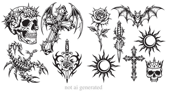 Gothic tattoo flash sheet featuring hand-drawn black and white illustrations of a human skull, ornamental cross, and sharp dagger. Dark aesthetic vector art with sharp linework, ideal for Y2K style ap