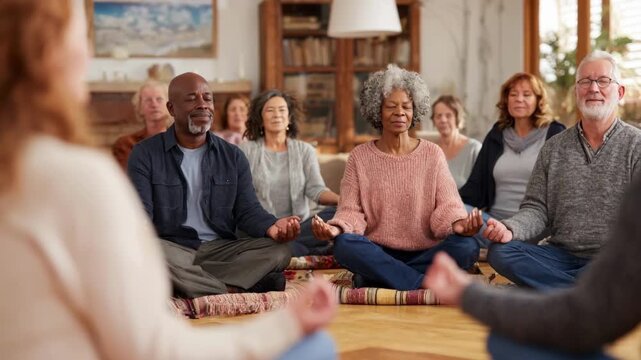 Medium shot of a multigenerational rural family participating in a group wellness session focusing on integrative health and natural therapies in a cozy home environment.