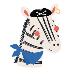 Fototapeta premium Cute little zebra pirate isolated on transparent. Kawaii cartoon character. Hand drawn flat vector illustration. Kids nautical design element, clip art, fashion print, poster, wall art