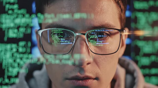 Young adult wearing glasses and looking at computer code on screen with reflection in lens
