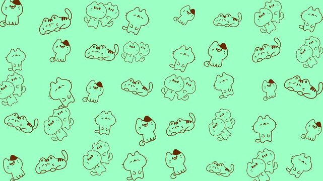 Numerous cartoon cat illustrations on a pale green background. Suitable for cat lovers, petrelated designs, childrens books, and social media posts.