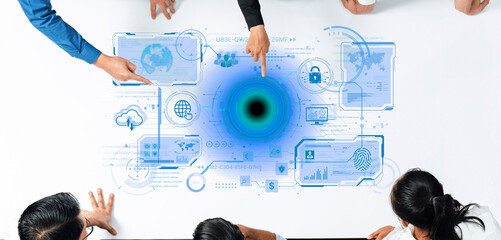 A futuristic command center interface for managing a global technology platform. The dashboard includes data security, network administration, and biometric user authentication. Fermion