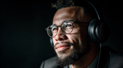 Obraz premium Confident male podcast host in headphones speaking into microphone in modern recording studio atmosphere