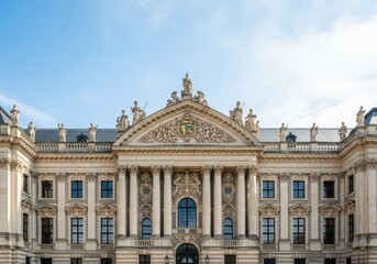 Obraz premium A majestic European baroque palace facade under a bright sky, showcasing detailed stone architecture and royal power and influence, power, celebrated, building