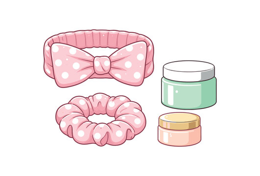 Flat vector illustration of spa headband and scrunchie set with skincare jars without labels isolated on pure white slightly style high quality no texture no grain