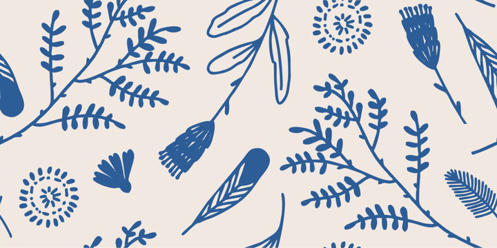 Blue Botanical Line Art Seamless Pattern