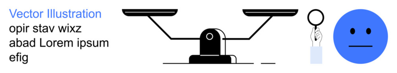 Fototapeta premium Legal systems, decision-making, analysis, emotion assessment, impartiality, inspection. Balance scales, magnifying glass neutral face. Legal systems and decision-making concept