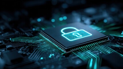 Cybersecurity Concept: Glowing Padlock Icon on CPU Chip, symbolizing Digital Data Protection and Network Security