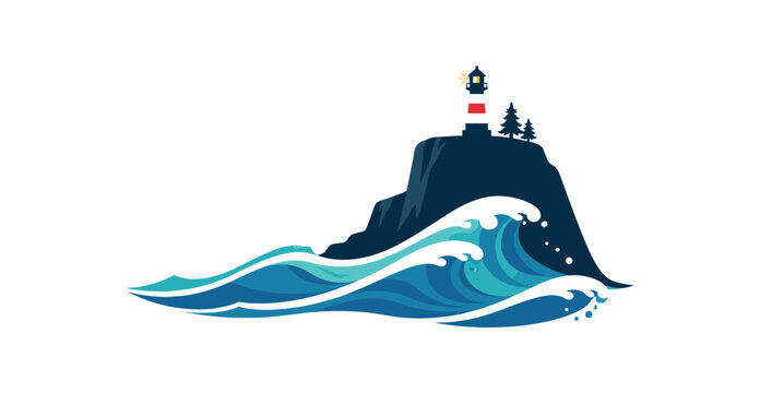Flat vector illustration of seaside cliff silhouette with waves shapes and lighthouse isolated on pure white slightly style high quality no texture no grain